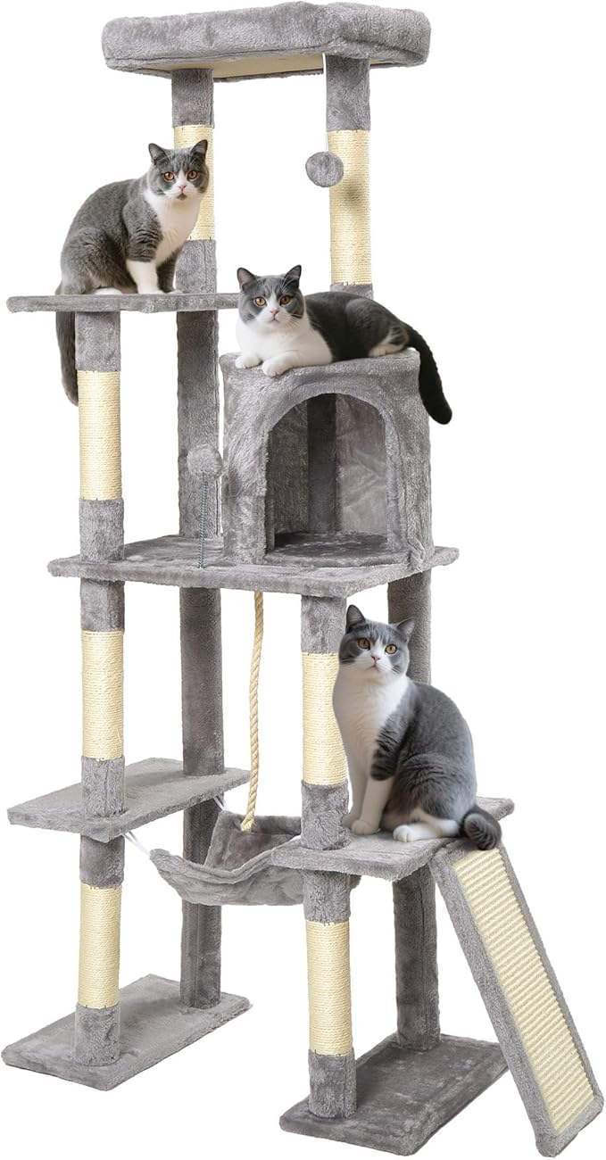 Large Cat Tree,65-inch Tall Multi-Level Cat Tower with Sisal-Covered Scratching Posts, Condo, Hammock, Dangling Ball,Light Grey