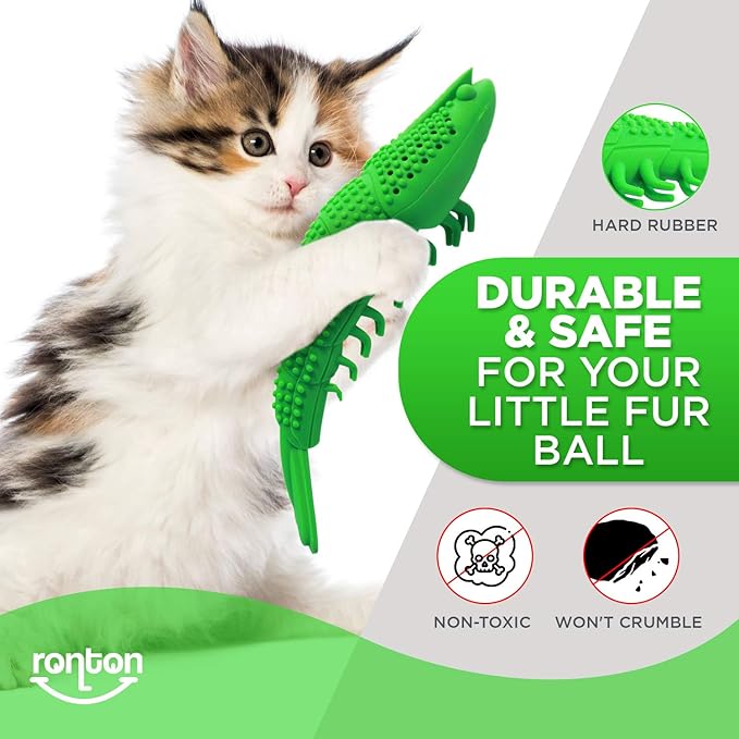 Ronton Catnip Toy - Durable Hard Rubber - Cat Dental Care, Cat Interactive Toothbrush Chew Toy (2 Pack Green & Blue (Shrimp))