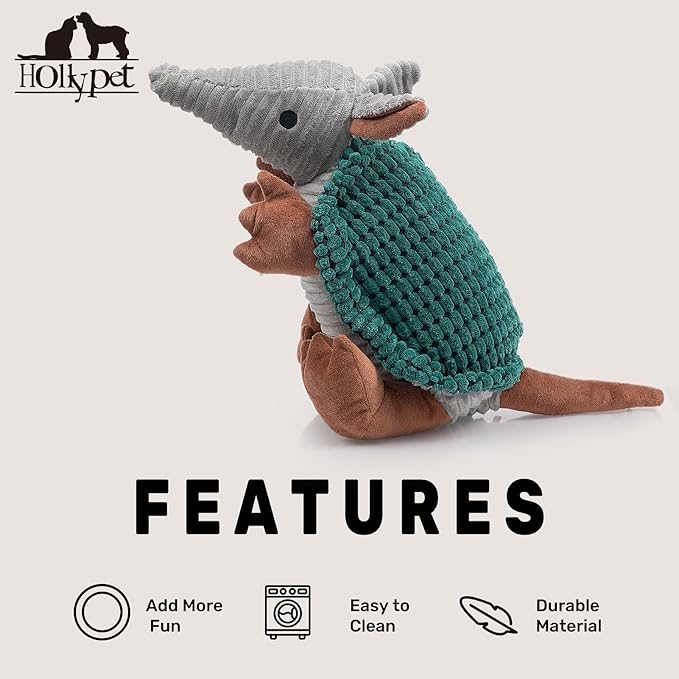 Hollypet Plush Dog Squeaky Toy Stuffed Armadillo Animal Pet Puppy Chew Toys with Clean Teeth for Small Medium Large All Breed Sizes Dogs, Deep Green, 14 in