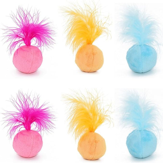 Furry Rattle Ball Cat Toy with Feather and Catnip - Interactive Pom Pom Balls for Cats, Soft and Lightweight, 2 Inch, 6 Pack.