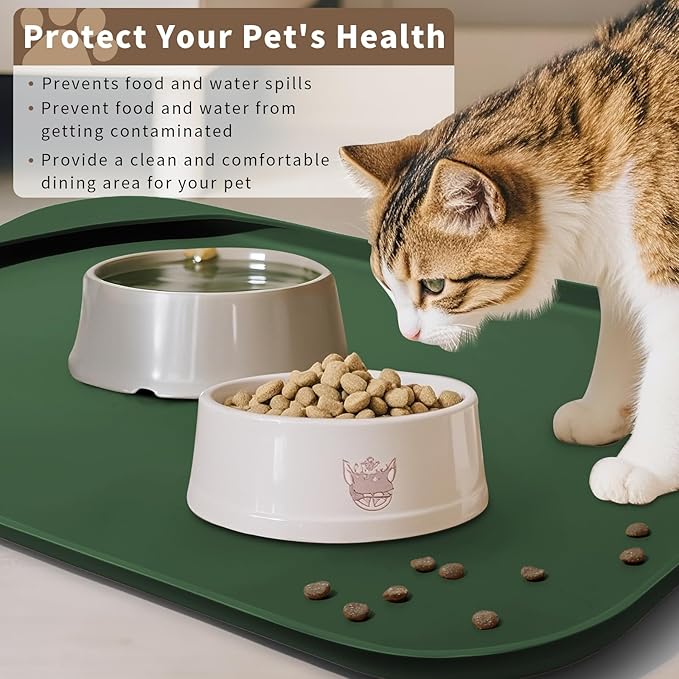 Silicone Pet Feeding Mat with Raised Edge & Residue Collection Pocket for Food and Water, Dog Bowl Mats, Cat Bowls Placemat with High Lip for Floor Waterproof, 24 x 16 x 0.8 Dark Olive