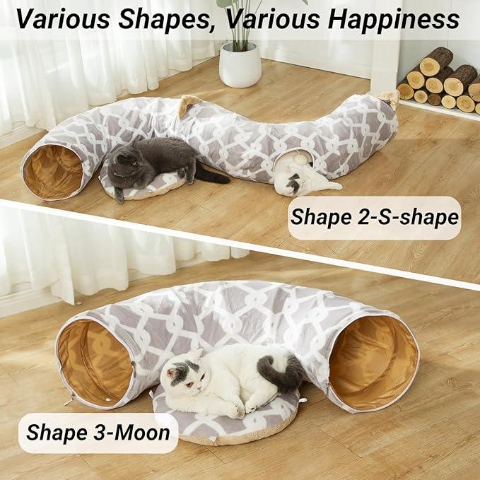 LUCKITTY Large Cat Tunnel Bed with Plush Cover,Fluffy Toy Balls, Small Cushion and Flexible Design- 10 inch Diameter, 3 ft Length- Great for Cats, and Small Dogs, Gray Geometric Figure