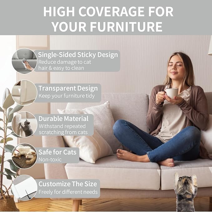 Anti Cat Scratch Furniture Protector, 12" × 197" Couch Protector from Cat Claws, Door Protector from Dog Scratching, Transparent Self-Adhesive for Furniture, Doors, Walls, Great for Sofas and Chairs