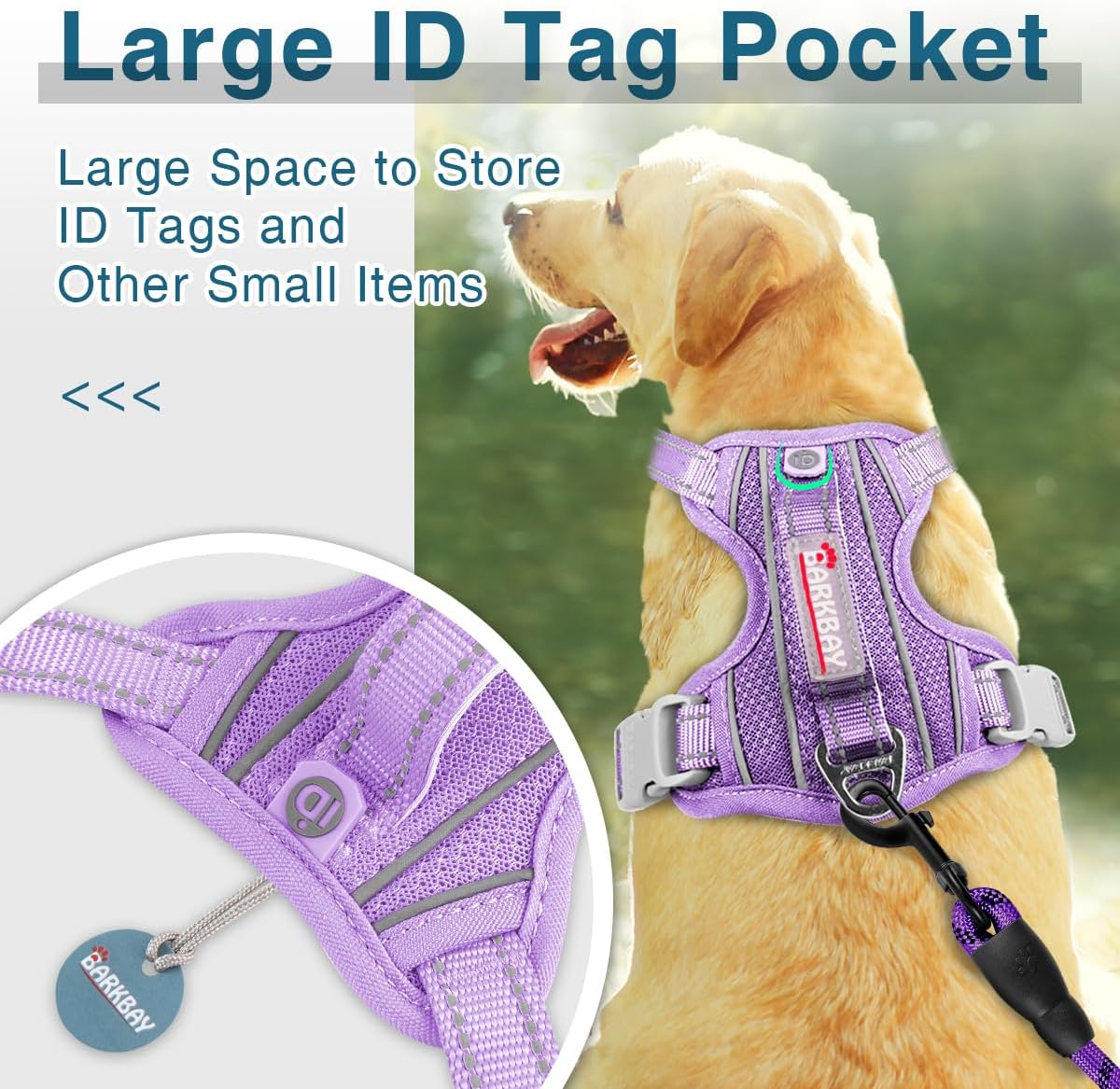 BARKBAY Dog Harness No Pull with ID Tag Pocket - Heavy Duty, Reflective, Easy Control for Large Dogs(Violet Purple,L)