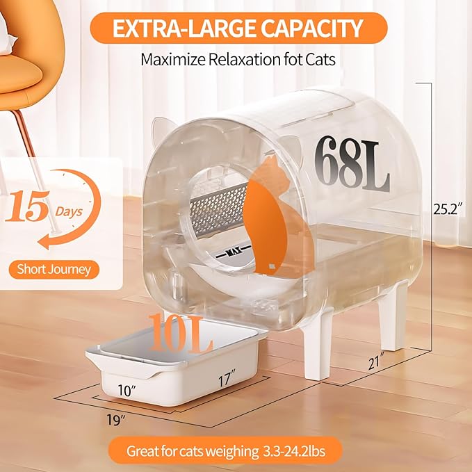 Self Cleaning Litter Box, APP Control and Safety Sensors, Smart Health Monitor, 68 L Large Space Odor-Free Waste Disposal for Multiple Cats