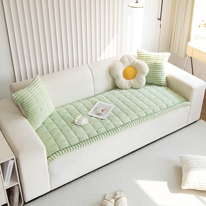 Faux Fur Plush Dog Couch Cover 3D Stripe Fuzzy Sofa Cover Non-Slip Fluffy Dog Bed Cover Pet Blanket Sofa Couch Furniture Protector for Puppy Large Dog Cat (Green,31"x94")