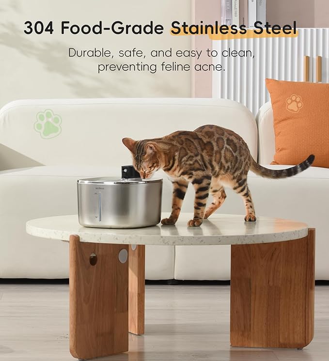 Cat Water Fountain Stainless Steel, 138fl.oz / 4.1L Wireless Cat Fountain, Pet Water Fountain Cordless for Cats & Dogs Indoor