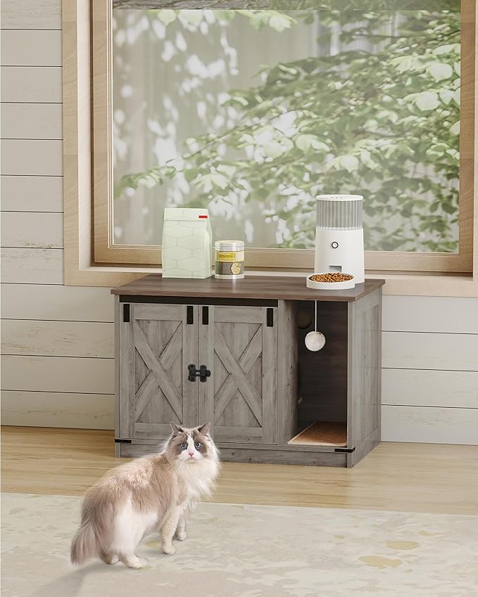 Cat Litter Box Enclosure, Hidden Litter Box Cabinet Furniture with Bell, Indoor Cat House, Farmhouse Style, 31.5 x 19.7 x 20.9Inches, for Hallway, Bedroom, Light Ivory and Brown CB82405X