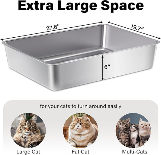 Stainless Steel Litter Box, 28" X 20" X 6" Steel Litter Box XXL No Smell, Extra Large Metal Litterbox for Big Cat, Multiple Cats, Non Stick, Easy Cleaning