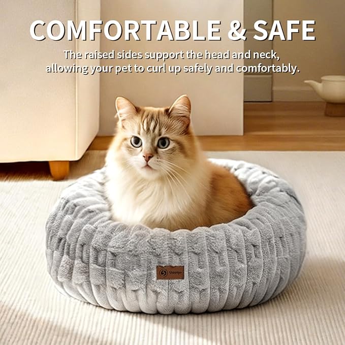 ShinHye Cat Bed - Washable Donut Bed for Cats and Small Dogs, Calming Round Pet Bed with Non-Slip Bottom, Indoor Comfort for Puppy & Kitten(ZJ-Grey-23x23)