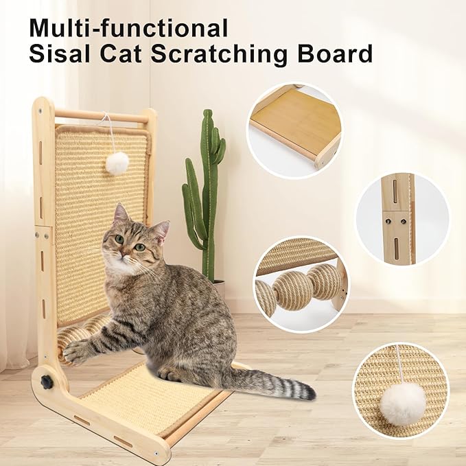 L Shaped Cat Scratching Post, 23.2" Tall Sisal & Wooden Base Cat Scratcher Board for Indoor Cats, Sturdy Vertical Cats Scratching Pad Protects Furniture