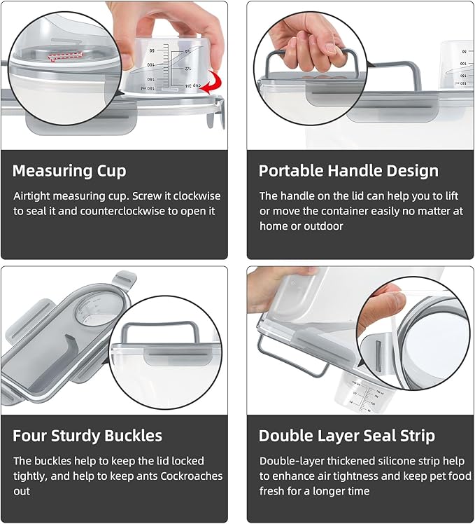 Cat Dog Food Storage Container, Upgraded Large Nozzle BPA-free, 3&5lbs Plastic Pet Food Storage Containers, With 4 Sealed Clasps, 1 Measuring Cup and Handle, Easy to Clean and Carry -Clear Grey 2Pack