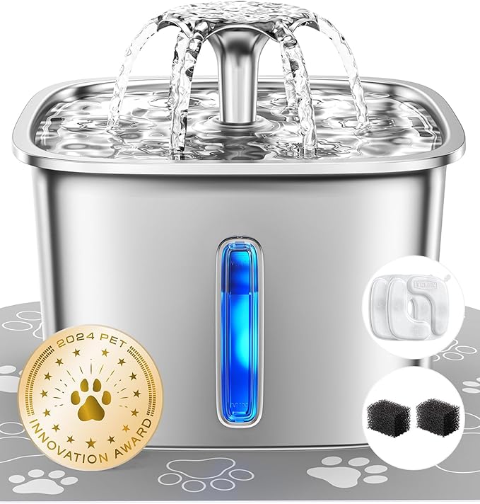 Veken Innovation Award Winner Stainless Steel Cat Water Fountain, 95oz/2.8L Automatic Pet Fountain Dog Water Dispenser with Replacement Filters & Silicone Mat for Cats, Dogs, Multiple Pets (Silver)