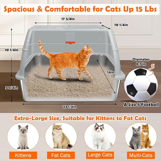 SZEE XL Stainless Steel Litter Box, Top Exit Design, Non Stick, No Smell, Easy Cleaning, Activated Charcoal Odor Control Design, Half/Fully Enclosed Design, Footboard, Trapping Mat & Scoop Included