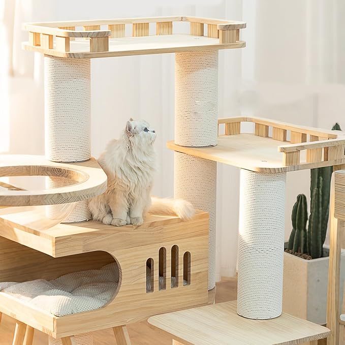 59'' Tall Wooden Cat Tree For Indoor Cats,Modern Cat Tower With Big House,Clear Bowl,Luxury Multi-Level Cat Climbing Frame With Climbing Ladder,Large Platform,Heavy Duty XXL Maine Coon Cat Tree