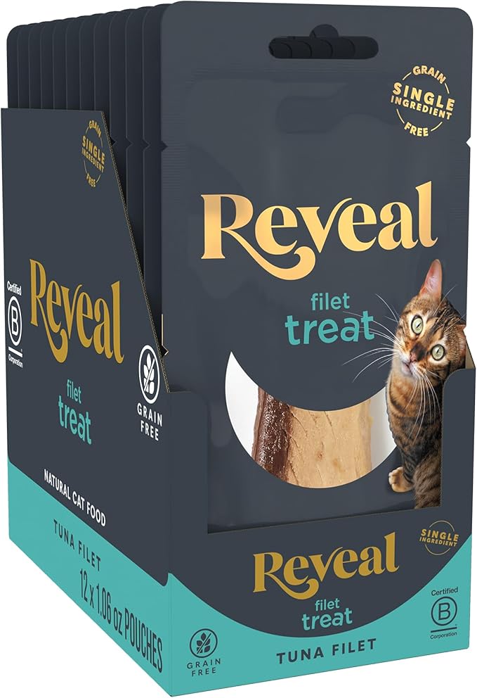 Reveal Natural Whole Protein Fillet Cat Treats, Single Ingredient, Grain Free, High Protein Treats for Cats, for Training, Treating, or Snacking, Whole Tuna Loin (12 x 1.06 oz Loin)