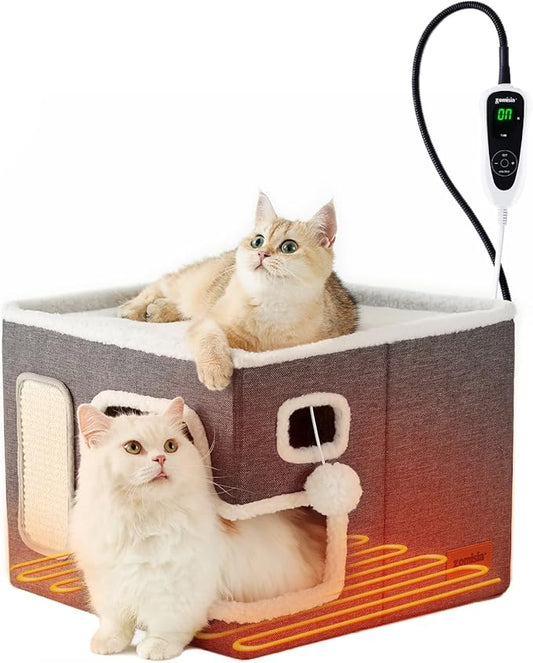 Heated Cat House for Indoor Cats - Cat Warming Bed for Winter with Fluffy Ball Hanging and Adjustable Heating Pad, Foldable Cat Hideaway,16.5x16.5x13 inches, Grey