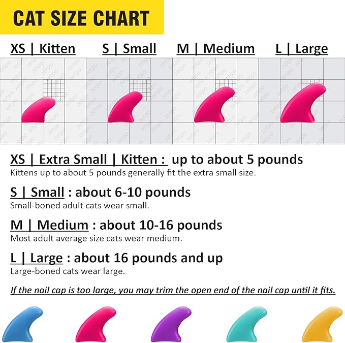 zetpo Cat Nail Caps | Cat Claw Covers | with Adhesives and Applicators (M, 5X Solid Random Colors | 100 pcs)
