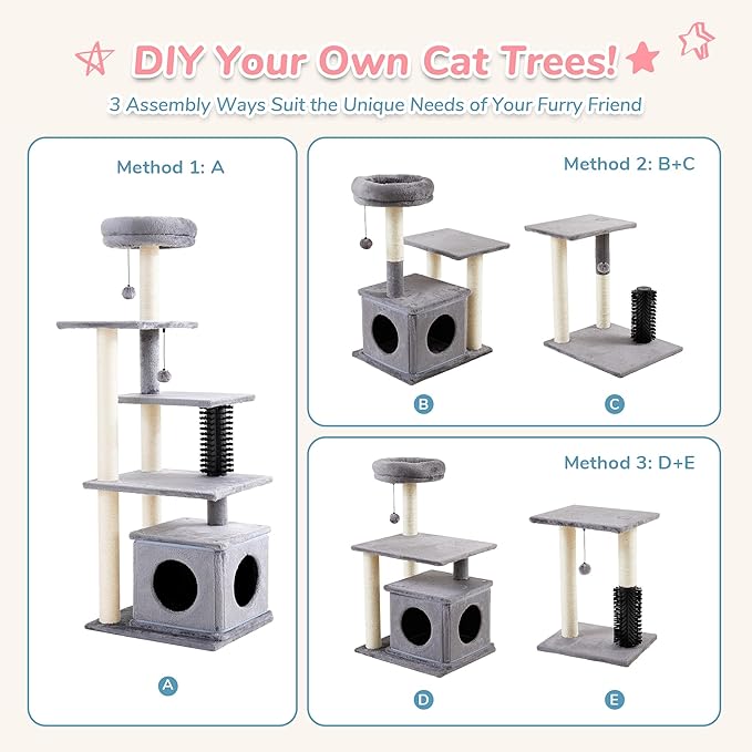 Made4Pets 52.4" Tall Multi-Level Large Cat Tower for Indoor Cats With Scratching Posts, Pompoms, Grooming Brush and Perch - Grey