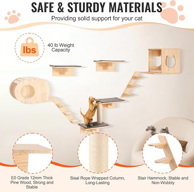 VEVOR Wall Mounted Cat Shelves, Perches with Jumping Boards,Hammocks & Cat Tree, Cat Furniture and Shelves up to 40 lbs for Sleeping, Playing, Climbing, Set of 7