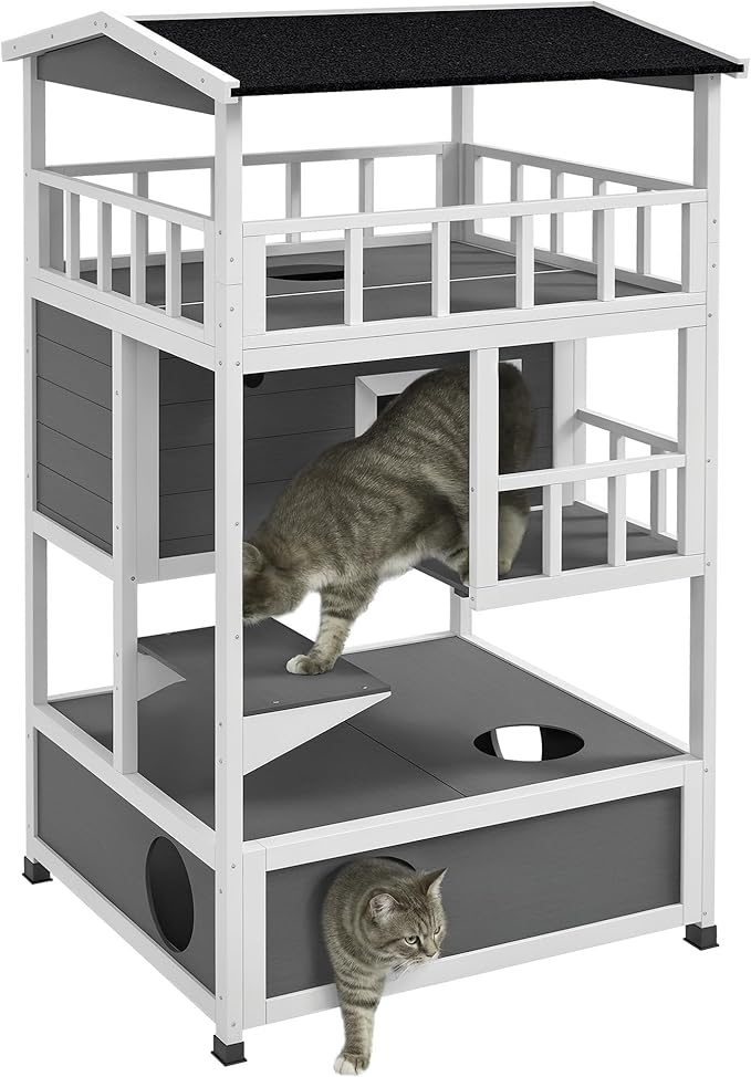 PawHut Wooden Outdoor Cat House, Feral Cat Shelter Kitten Condo with Asphalt Roof, Escape Doors, Condo, Jumping Platform, Light Gray