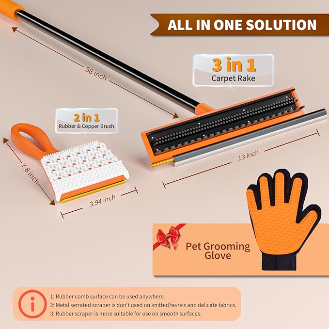 3 in 1 Carpet rake Kit for Pet Hair Removal Tool - Reusable Pet Hair Remover broom w 58"Adjustable Long Handle, Dog & Cat Carpet Scraper, Pet Hair Remover for Rugs, Mats, Couch, Curtains(Orange)