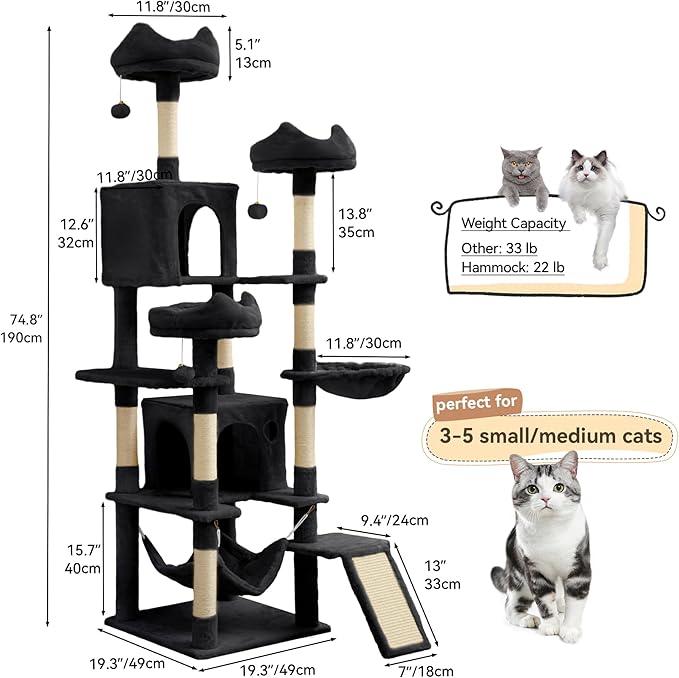 YITAHOME Tall Cat Tree for Indoor Cats, 75 inch Multi-Level Cat Tower with Cat Condos, Top Perches, Sisal Ramp Scratching Posts, Cozy Basket, Hammocks, Large Cat Pet Activity Structure, Black