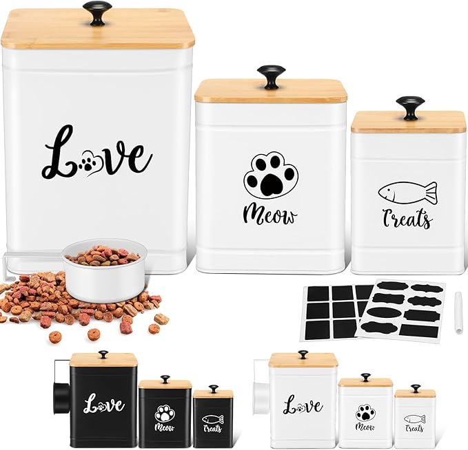 Metal Airtight Cat Food Containers Set of 3 with Bamboo Lids and Spoon 7+3+2 Lbs Cat Treat Storage Container Countertop with DIY Labels Pet Cookie Organizer Jars for Kitchen Counter(White)