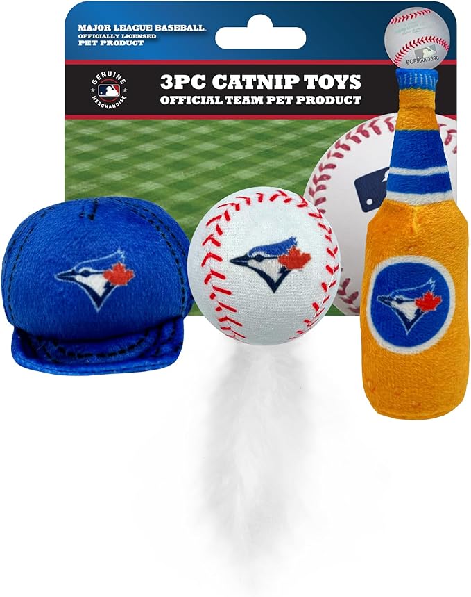 Best Plush CAT Toy - MLB Toronto Blue Jays Complete Set of 3 Piece Cat Toys Filled with Fresh Catnip. Incld: 1 Baseball Cap Cat Toy, 1 Baseball Cat Toy with Feathers & 1 Beer Bottle. Team Logos