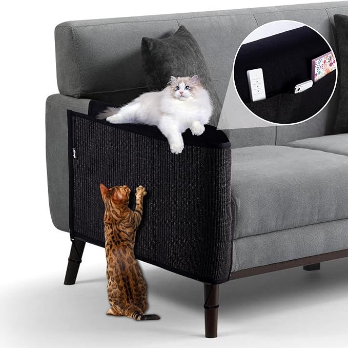NATUYA Cat Scratch Couch Protector, Sisal Furniture Protector Cats Scratching Pad, Anti-Cat Scratch Sofa Armrest Couch Protective Shield with Pocket (Black, Fit Left or Right)