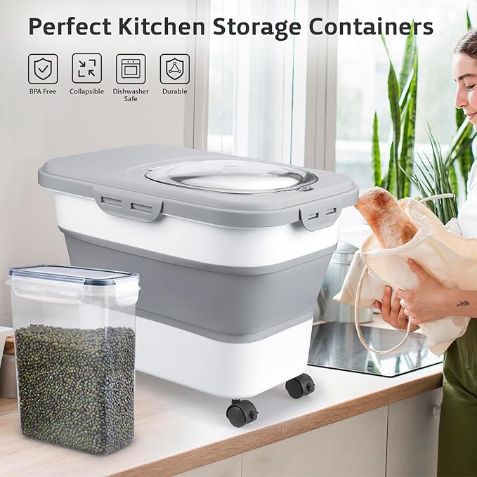 Rice Storage Containers, Collapsible 20 to 30Lbs Food Storage Bin Dispenser with Rolling Wheel and Clear Airtight Lid, BPA Free Flour, Sugar, Cereal and Dog Cat Pet food Containers