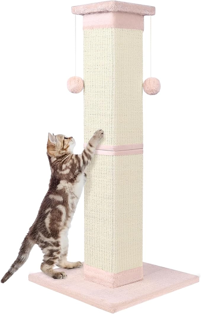 Cat Scratching Post 33 Inch Nature Sisal Cat Scratch Post for Indoor Cats, Large Cat Scratcher Protect Your Furniture Pink