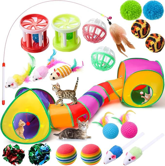 21 Pcs Cat Tunnels for Indoor Set, 3 In1 Collapsible Cat Tunnel Toy with Cube Tent Toys Combo and 20 Pcs Interactive Kitty Toys Feather Toy Fluffy Mouse Crinkle Balls for Kitten Puppy