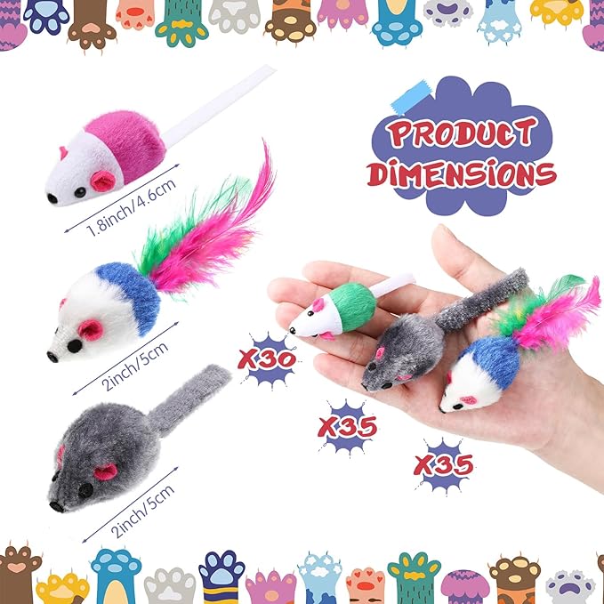 Sosation 100 Pcs Fur Cat Mouse Toys Assorted Interactive Cat Toys Rattle Sound Mice for Kitten Catch Play Indoor Interactive