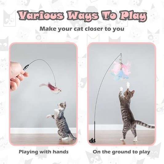 Cat Feather Toys, Interactive Cat Toy for Indoor Cats,Cat Wand Toys with 2 Suction Cup and 3 Wands, 3 in 1 Cat Toys for Bored Cats, Kitten Toy with Balls and Birds