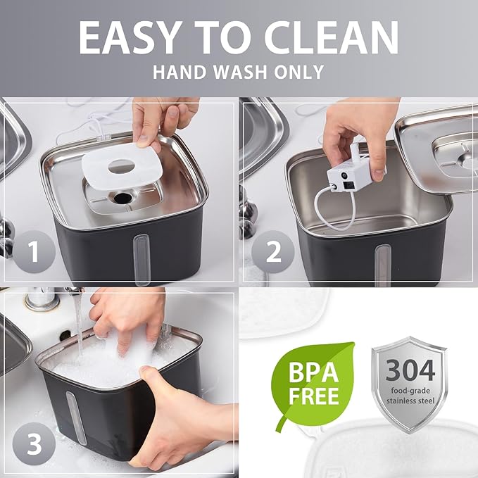 Veken Innovation Award Winner Stainless Steel Cat Water Fountain, 95oz/2.8L Automatic Pet Fountain Dog Water Dispenser with Replacement Filters & Silicone Mat for Cats, Dogs (Space Black)