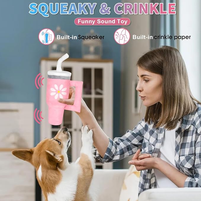 Squeaky Dog Toy - Crinkle Pup Cup Tumbler Plush Dog Toy with Cute Daisy Design for Small Medium Breeds, Funny Interactive Puppy Birthday Gift (Pink)