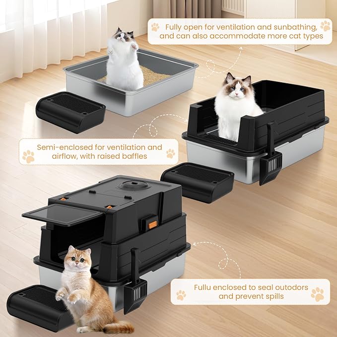 Enclosed Stainless Steel Litter Box XXXL, Extra Large 28" L x 20" W Metal Litter Box Enclosure with Cover and Foot Pedal and Scoop for Big Cats & Multiple Cats with High Sided, Easy Cleaning