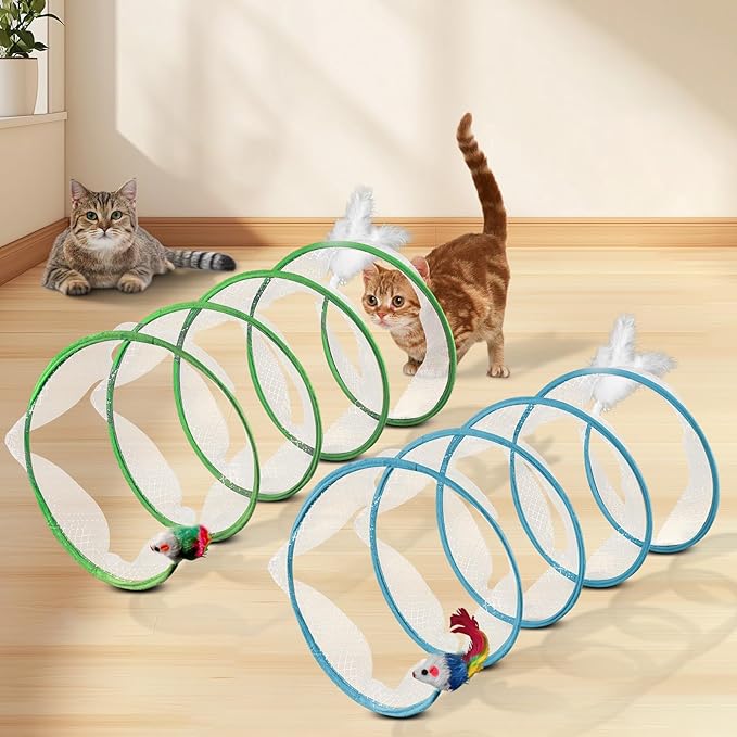2-Piece Spiral Cat Tubes for Indoor Cats, Large Collapsible Tunnel with Feather Mouse Interactive Toy (Green + Blue)