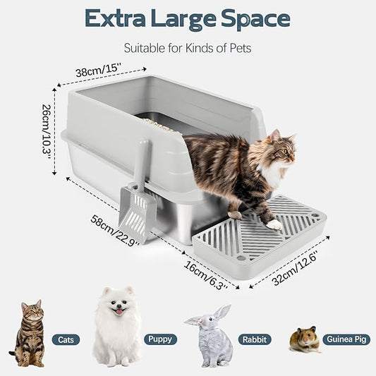 3 Pack Stainless Steel Litter Box, XL 22.9” x 15” x 10.3” High Sided Metal Cat Litter Tray with Scoop, Filter Pedal for Anti-Splash, Non-Sticky, Easy to Clean (Light Grey)