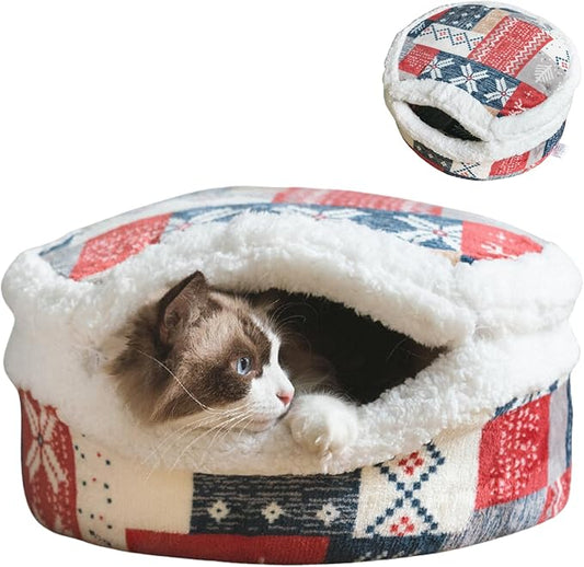 Cat Cave Bed – Plush, Warm & Calming Hideaway with Detachable Lid & Mat, Covered House for Indoor Kitten & Kitty (Snow)