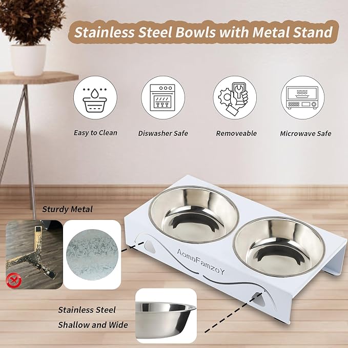 2 Pack Cat Food Bowls - Indoor Set with Metal Stand,5° Tilted Anti Vomiting Wide Raised Pet Dish, Cute Elevated Cat Feeding Station for Food Water, 4 Stainless Steel Bowls for Kitten, Puppy,White