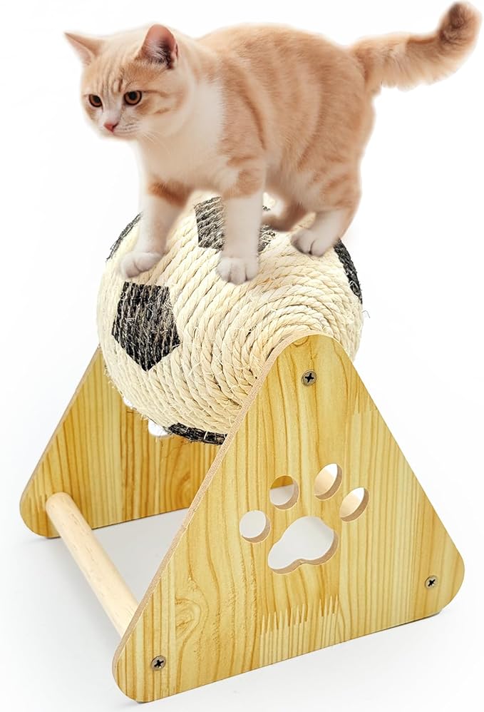 Durable Spinning Cat Ball Interactive Exercise Toy, Natural Sisal Cat Scratching Ball with Stable Stand, Cat Scratcher Toy for Cats & Kittens