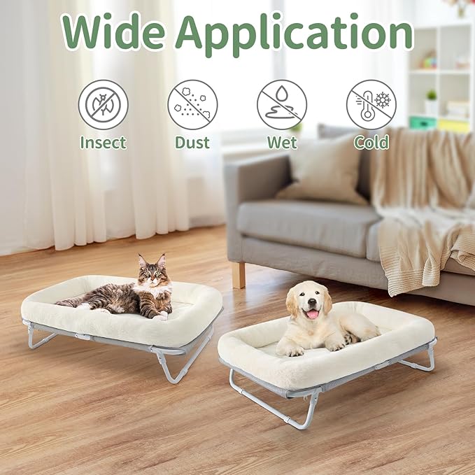 Sunhoo Elevated Cat Bed Foldable Raised Pet Hammock Self-Supporting Puppy Lounger with Off Floor Metal Frame Washable Cover for Small Dog Kitten Indoor Use 25.2x15.75x7.48 in (White)