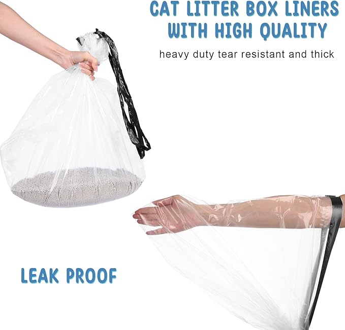 Tinlade 50 Count Jumbo Cat Litter Box Liners Large Drawstring Cat Litter Liners Bags Unscented Tear Resistant for Trash Waste to Keep Your Home Clean(39 x 22 Inch,Clear, Black)