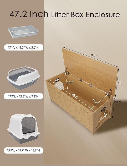 DINZI LVJ Cat Litter Box Enclosure, Flip Top Litter Box Furniture, Hidden Cat Washroom, 2-Entrances Wooden Pet House, 47.2" L x 18.7" W x 19.7" H, End Side Table, TV Stand, Easy to Assemble, Natural