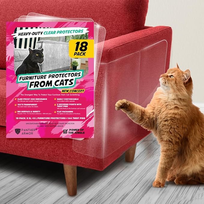 Panther Armor 18-Pack Furniture Protectors from Cat Scratch - Couch Guards for Cats - Clear With 144 Pins (PARM12288)
