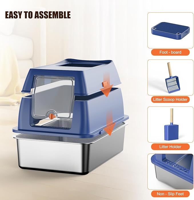Stainless Steel Cat Litter Box with Lid Extra Large Open-Top Dual Entry Enclosed Metal Pan Tray with High Sides Pedal Scoop Non-Stick Anti-Leakage Easy Cleaning for Big Multi-Cat (Blue)