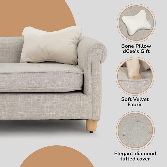 dCee Dog Sofa Bed, 33 Inch Light Gray Couch for Medium Dogs up to 70 Lbs, Offering Soft Velvety Comfort, Joint Support, and a Washable Cushion Cover for Practical Cleaning