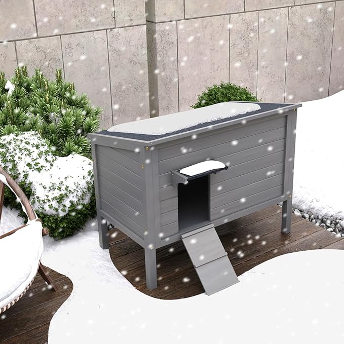 WAYTRIM Outdoor Cat House, Large Feral Outdoor Cat Shelter Insulated Weatherproof with Mat and Hidden Stair All-Round Wood for Multiple Cats 34.5" L*21.5" W*27.2" H